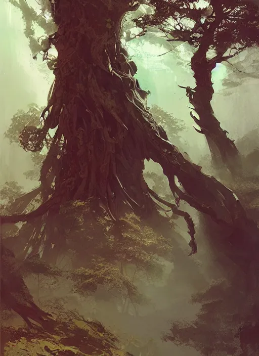 Image similar to giant tree, intricate, elegant, highly detailed, vivid colors, john park, frazetta, sparth, ruan jia, jeffrey catherine jones