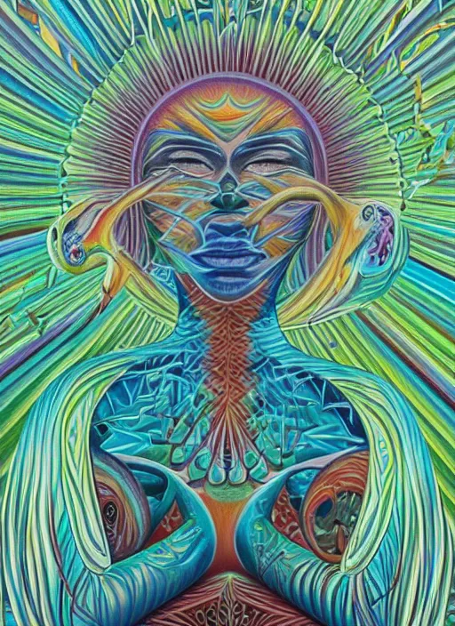 Image similar to alex grey painting depicting teal swan