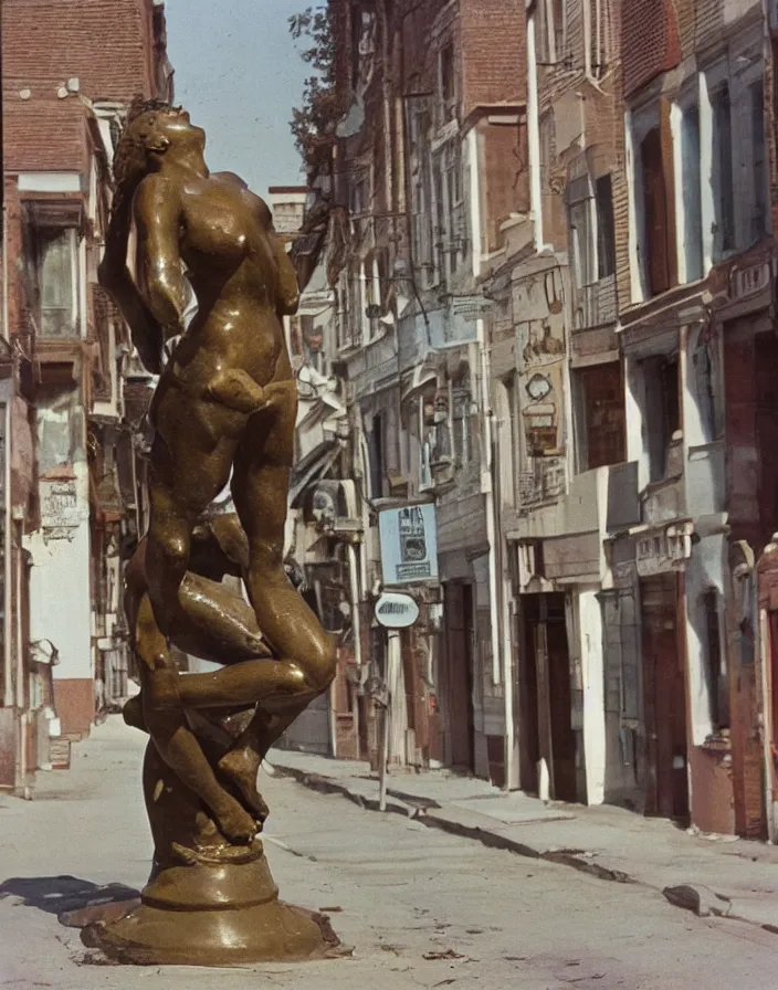 Prompt: vintage color photo of a bronze sculpture in the middle of a poor town street, image by werner herzog