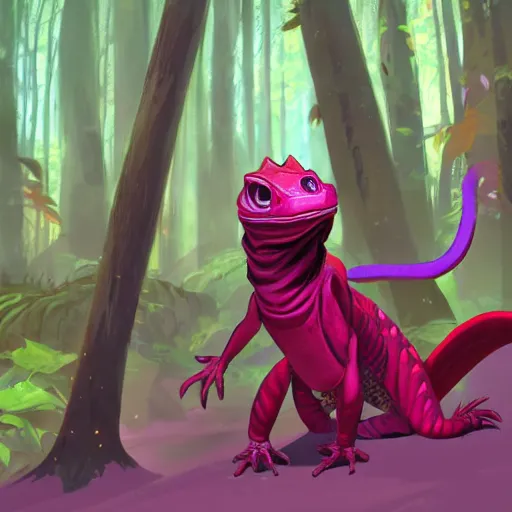 Image similar to concept art painting of an anthropomorphic lizard wearing magenta wizard robes, in the deep forest, realistic, detailed, cel shaded, in the style of makoto shinkai and greg rutkowski and james gurney