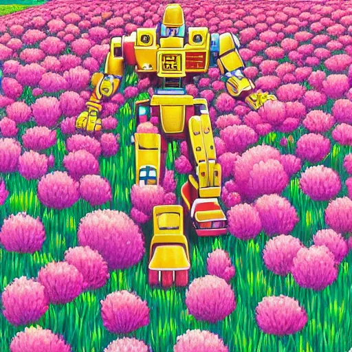 Prompt: a beautiful painting of a muscular humanoid mecha enemy stand in a field of flowers by hiroshi nagai and hirohiko araki, detailed line art