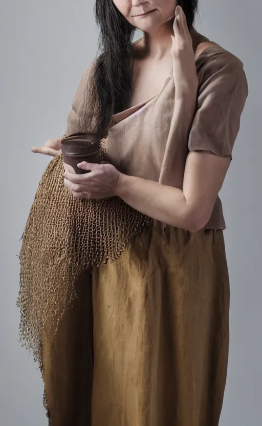 Prompt: a studio portrait of a woman wearing sustainable clothing made from the combination of bacteria, yeast, sugar, and tea, half - body shot