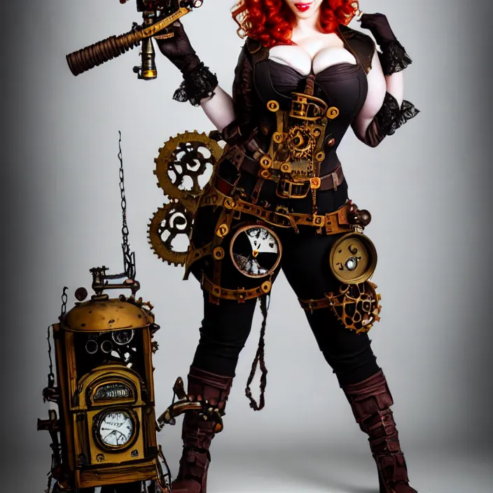 Image similar to full body photograph of christina hendricks as a steampunk warrior. extremely detailed. dslr. 8 5 mm.
