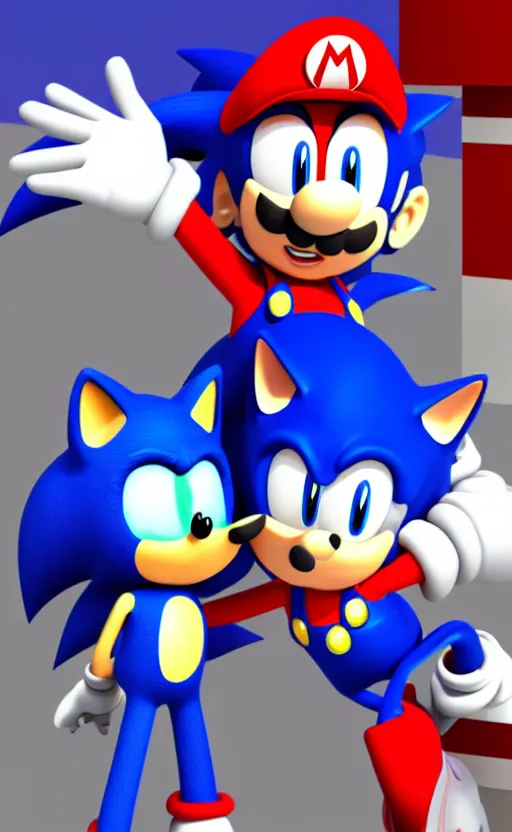 Prompt: a 3 d render of sonic hugging mario