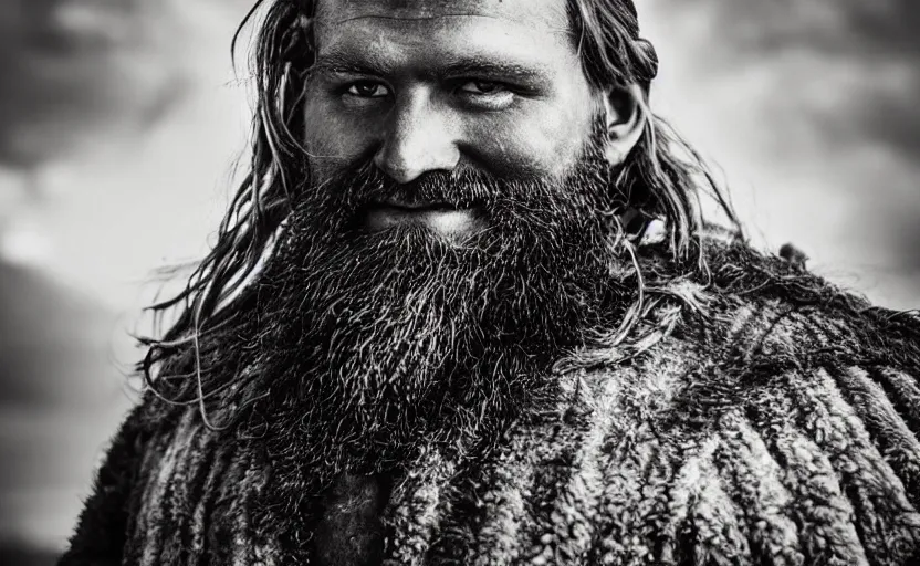 Image similar to old vintage full body photo of ancient viking warrior with full beard during motorsports event, extreme sports photography ,super high speed photography, dynamic photography,symmetrical face, clean face, muscular body, high speed,dirt and grawel in air, lens flares, dust partiles in the air, dramatic lighting, intricate, highly detailed, centered, smooth, sharp focus, sports photography, old photo, black and white, sepia, cinematic lighting, cinematic angle, national geographic