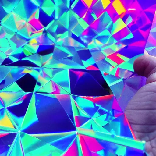 Prompt: a person holding a colorful object in their hand, a hologram!! ( ( ( by jeka kemp ) ) ), polycount, crystal cubism!!!, made of crystals!!!, irridescent, holographic