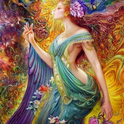 Image similar to goddess of nature checking her phone, magic realism, art by josephine wall, art by huang guangjian, art by viktoria gavrilenko, art by amanda sage, trending on artstation ( ( ( album ) ) ) ( ( ( panels ) ) )