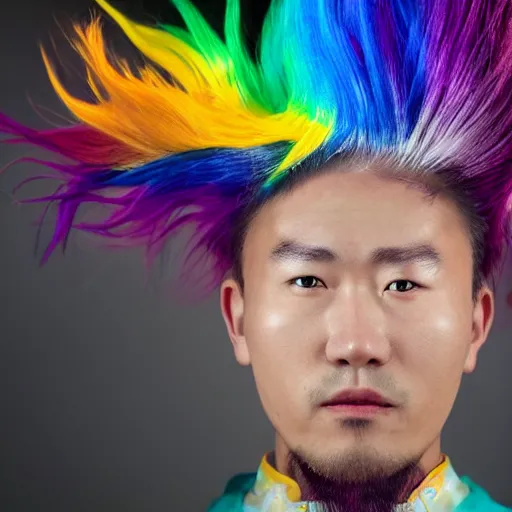 Prompt: chinese man with rainbow mohawk, portrait photo, light coming from the left side