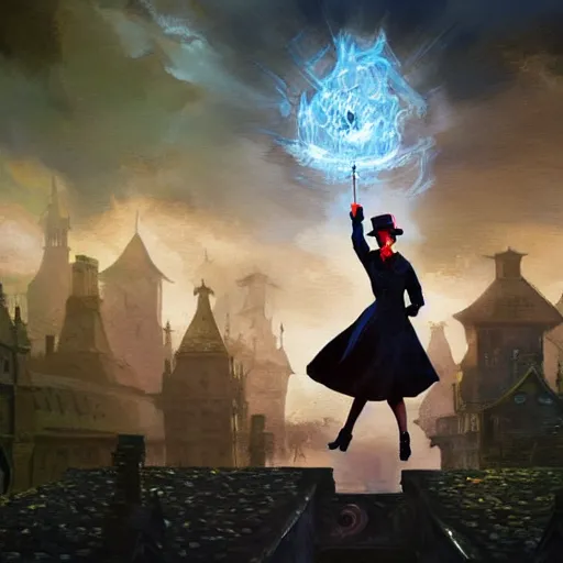 Image similar to Mary poppins , casting epic spell, magic the gathering artwork, D&D, fantasy, cinematic lighting, centered, symmetrical, highly detailed, digital painting, artstation, concept art, smooth, sharp focus, illustration, volumetric lighting, epic Composition, 8k, art by Akihiko Yoshida and Greg Rutkowski and Craig Mullins, heroic pose, oil painting, cgsociety, magic lab background