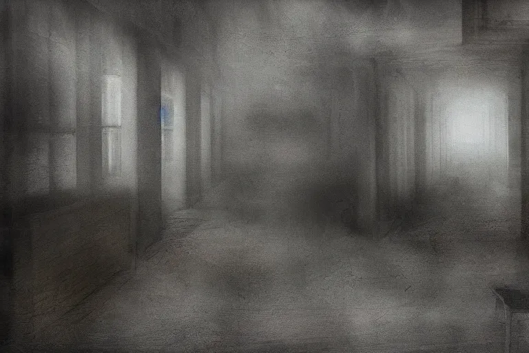 Prompt: the backrooms but it's surrounded by grey fog, digital art, atmospheric