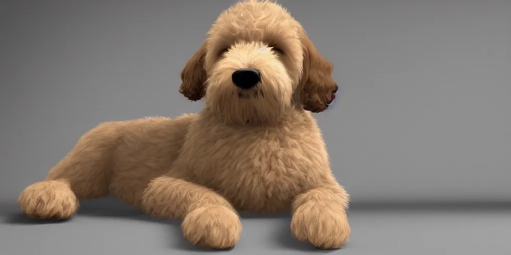 Image similar to adorable goldendoodle puppies and dogs, pixar render, brilliant style by Artstation, Artstation Trending, cgsociety, high quality, very coherent, ultra realism, high definition, post processing, unreal engine, 8k, high resolution, octane render, high contrast, 4k UHD, photographic, digital art, artstation,