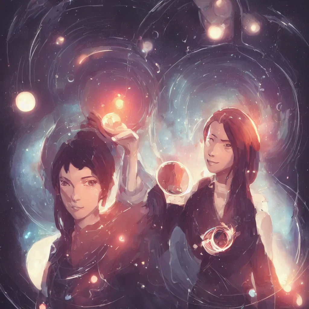 Image similar to a portrait of a beautiful female scientist holding a small black hole in her hands, anime art, symmetrical facial features, symmetrical proportions, illustration, style by jordan grimmer and greg rutkowski