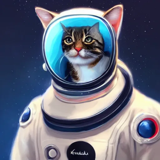 Image similar to head and shoulders masterpiece portrait of a cute adorable cat wearing a spacesuit, surreal background, digital art by krenz cushart, trending on artstation, cgsociety,