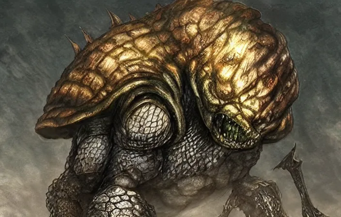 Image similar to elden ring, dark souls, strong humanoid turtle monster, photorealistic, grimdark, gruesome, full height, front view, golden ratio