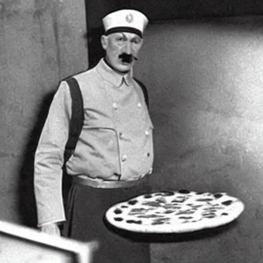 Prompt: hitler making a pizza wearing a pizza man uniform with a swastika on it, photo