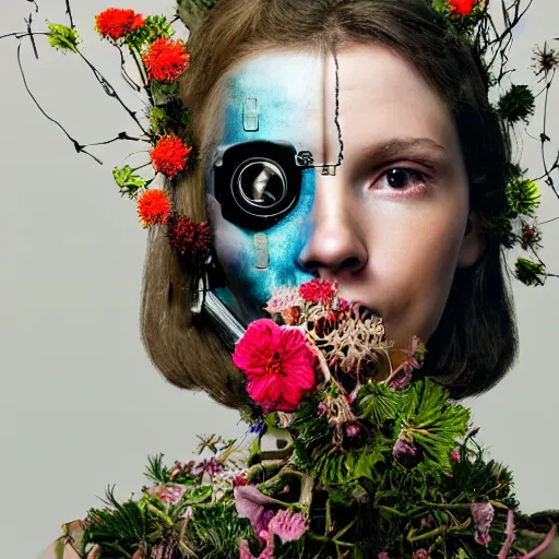 Prompt: close up portrait of a cyborg with flowers growing out of its head, photograph in the style of WLOP