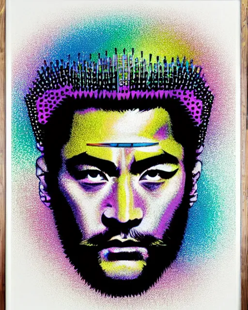 Image similar to flamboyant bling rhinestones & lame hardman ronin samurai grizzled unshaven Toshiro Mifune fullwide angle warrior stance, Swarovski dot pointillist oilpastels black paper, detailed art graphic art poster by Felipe Pantone