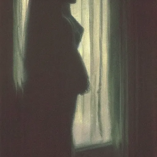 Prompt: silhouette of a woman gazing out her hotel window at the rain, extremely detailed masterpiece, oil on canvas, low-key neon lighting, in the world of Andrew Wyeth, artstation, by J. C. Leyendecker and Peter Paul Rubens,