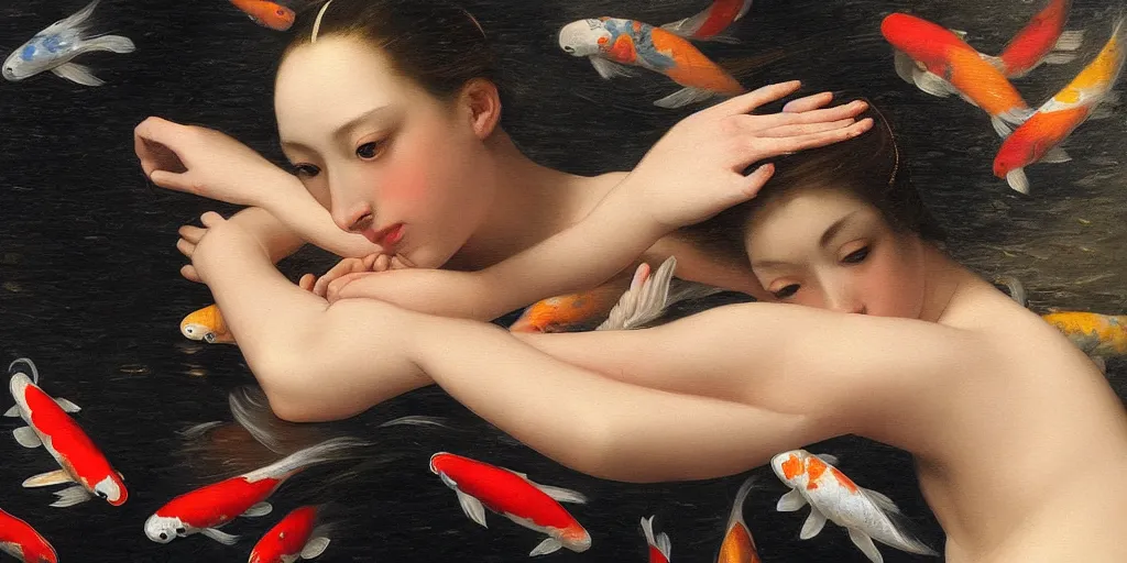 Prompt: beautiful oil matte portrait painting, woman surrounded by multiple koi fishes, wonderful masterpiece highly detailed, beautiful cinematic light deep focus, elegant, digital painting, smooth, sharp focus, golden ratio, dramatic illumination, ultra realistic, 8 k, art by artemisia lomi gentileschi and caravaggio