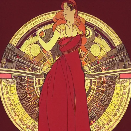 Prompt: flowing theatre red curtains, centered radial design, gold art nouveau graphic elements, painting by mucha, beautiful lighting, anime, studio ghibli, norman rockwell, trending on artstation