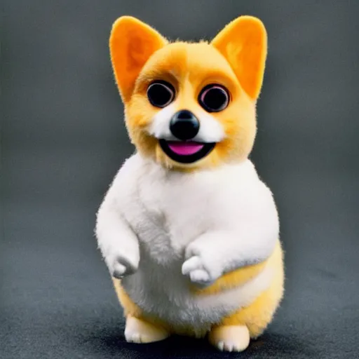 Image similar to a corgi furby toy, photographed by david lynch