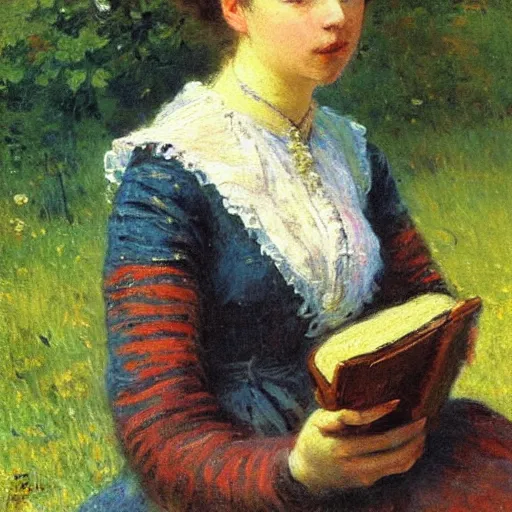 Image similar to portrait of a young woman holding a book, impressionism, realism, landscape, portrait, romanticism, painting by nikolay makovsky