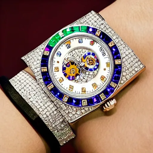 Image similar to futuristic rolex watch blinged out with gems from other worlds