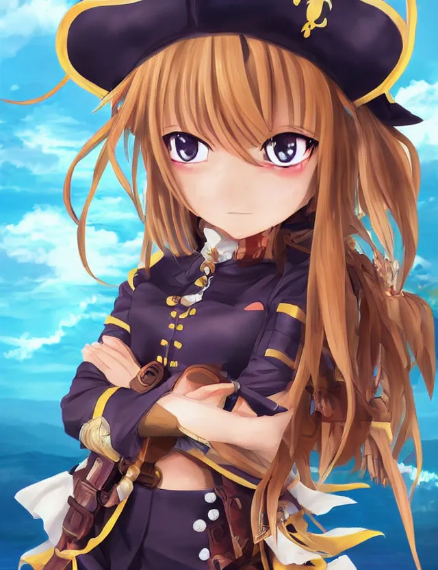Image similar to scenic wide angle portrait of a female pirate, a cute uniform, somewhat of an anime in fantasy style, trending artwork, made with anime painter studio, by anato finstark, tony sart and an anime artist, collaboration