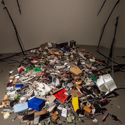 Prompt: in defiance of consciousness, trash art installation, studio lighting