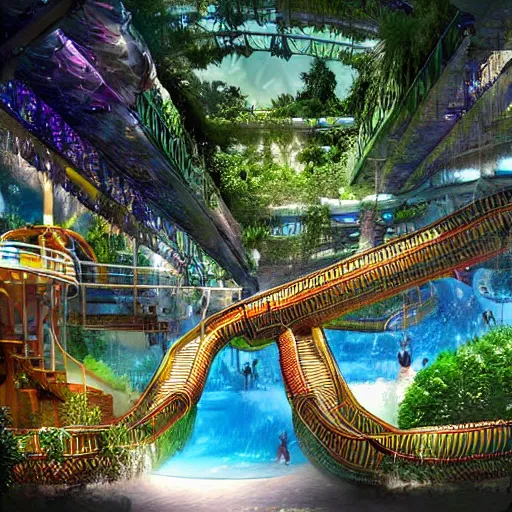 Prompt: hanging gardens of babylon waterpark with water slides, digital art, epic composition, highly detailed, cinematic lighting