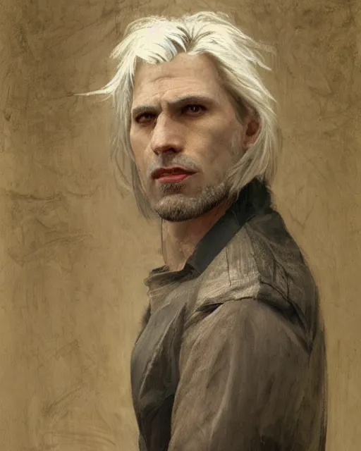 Image similar to portrait of 4 0 - year - old man with white hair with a pale complexion, pointed face and grey eyes, clear smooth face, no beard, wearing black clothes, haughty facial expression, hyper realistic face, beautiful eyes, close up, fantasy art, in the style of greg rutkowski, intricate, alphonse mucha, hyper detailed, smooth