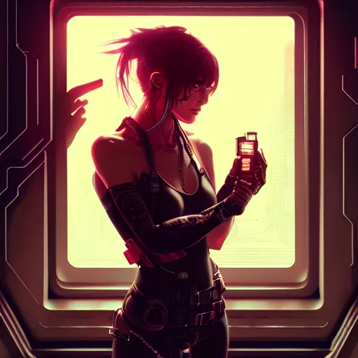 Image similar to art by ross tran, portrait of cyberpunk woman looking out of a window, cyberpunk setting, futuristic, highly detailed, intricate lighting, digital painting, sharp focus, illustration, trending on artstation.