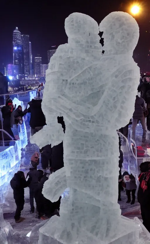 Image similar to dramatic photo, the rapper'ice cube'carving a full body ice sculpture of rapper'ice cube'at harbin ice festival, wide angle photo, award winning, artgerm, wlop, james gurney, trending on artstation