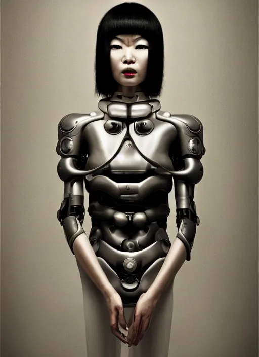 Image similar to portrait of a futuristic geisha cyborg, in the style of ghost in the shell, kintsugi, modern fine art, fractal, intricate, elegant, highly detailed, digital photography, subsurface scattering, by jheronimus bosch and erwin olaf and pieter hugo and bruce davidson and greg rutkowski,