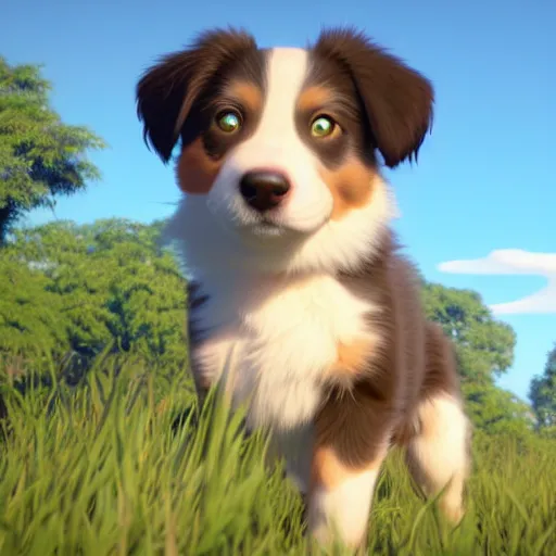 Image similar to a wholesome animation key shot of australian shepherd puppy, studio ghibli, pixar and disney animation, sharp, rendered in unreal engine 5, anime key art by greg rutkowski, bloom, dramatic lighting