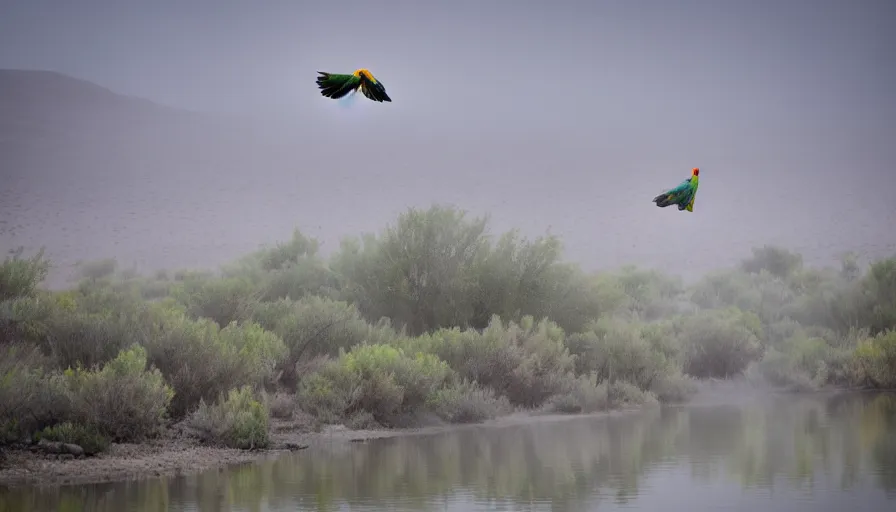 Prompt: a foggy desert, river with low flying parrots, great photography, ambient light