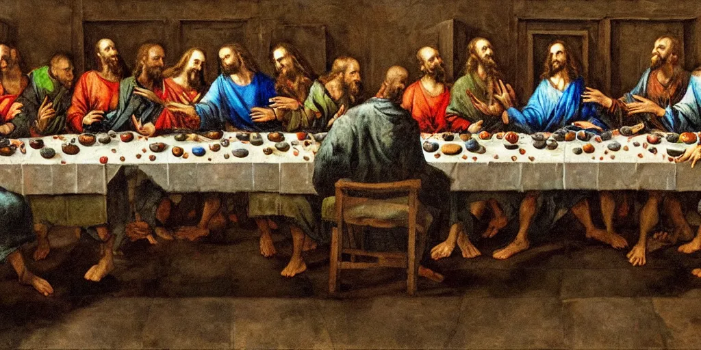 Prompt: reproduction of the last supper, jackson pollock style, 4 k resolution, vivid colors, extremely detailed, dripping technique, digital art, depth, trending on artstation