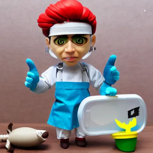 Image similar to orlan cosplay surgeon in operating theatre, stop motion vinyl action figure, plastic, toy, butcher billy style