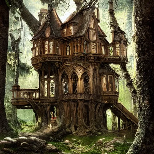 Prompt: inside view of a large gothic treehouse, highly detailed, artstation, high resolution, nature, gothic