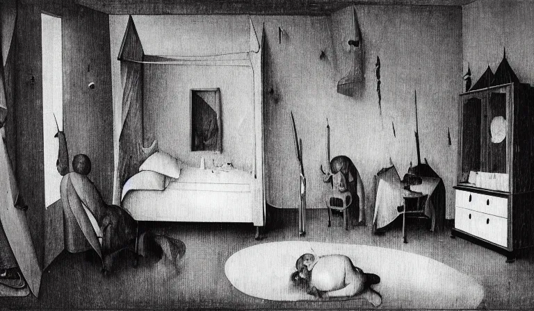 Prompt: A bedroom designed by Hieronymous Bosch, 35mm film, long shot