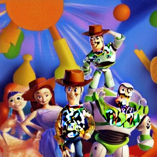 Prompt: a very high detailed painting of toy story in cyberspace