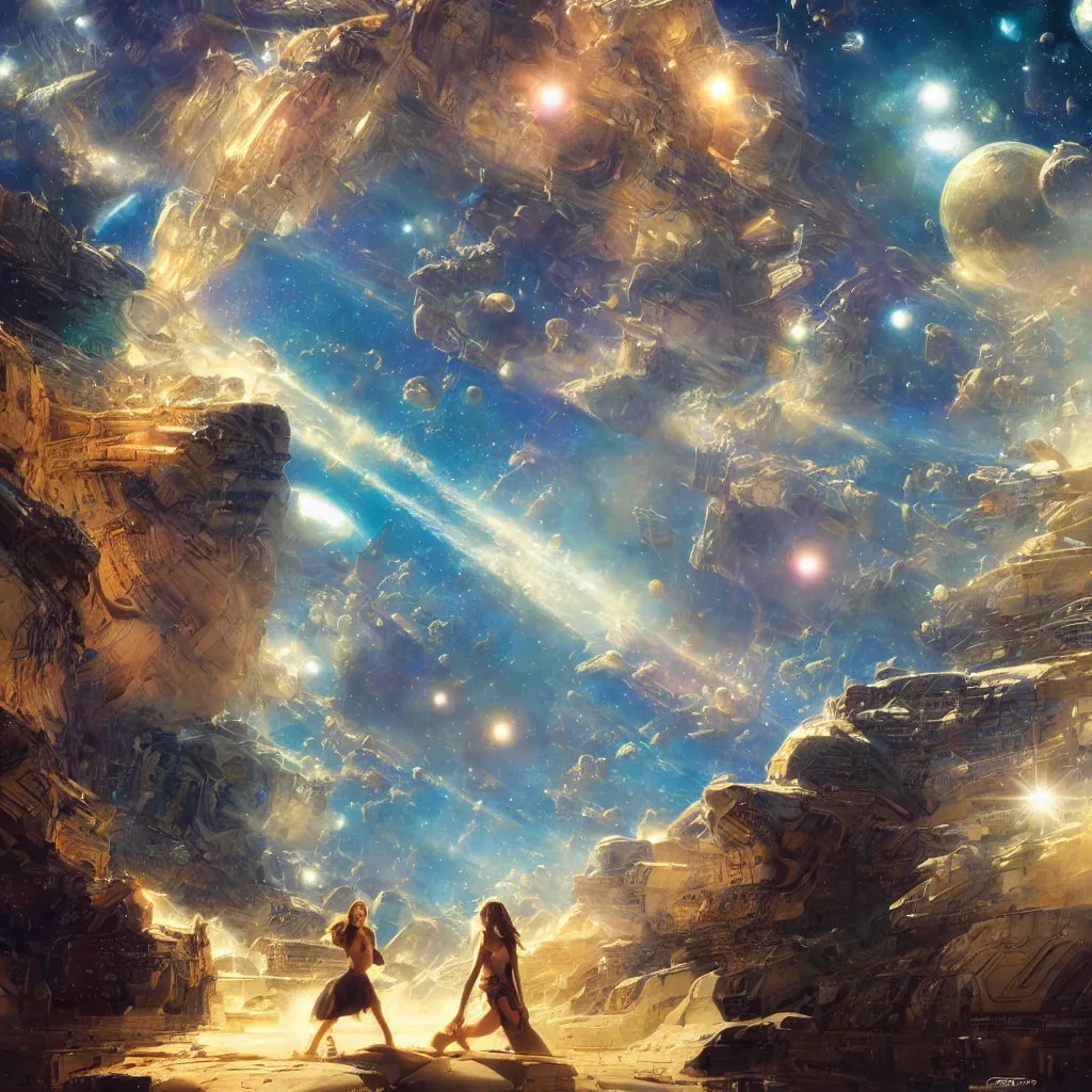 Image similar to the girl in the center looks at space, epic, volumetric light, hyperrealistic, glitter, mega detailed, beautiful composition, beautiful lighting, unreal render, 4 k, vincent di fate, john berkey, michael whelan