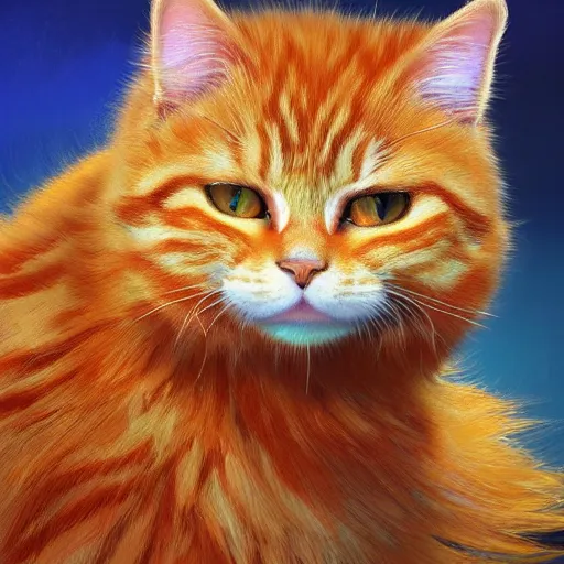 Image similar to colossal fluffy orange royal king tabby cat wearing a golden crown, golden hour, fantasy, vivid colors, sharp focus, digital art, hyper - realistic, 4 k, unreal engine, highly detailed, hd, dramatic lighting by brom, trending on artstation