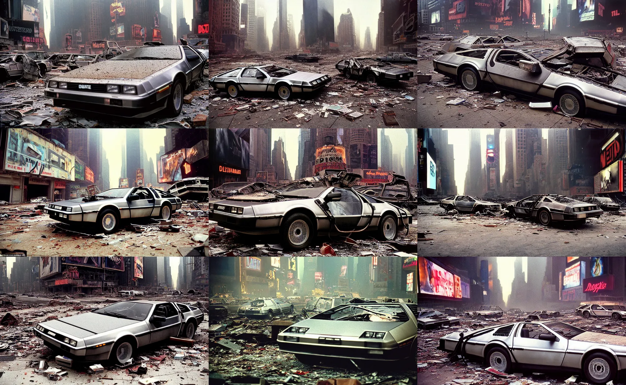 Prompt: ultrarealistic photographs of delorean in postapocalyptic abandoned destroyed times square, wrecked buildings, destroyed flipped wrecked cars, darkness, polaroid photo, vintage, 1 9 8 5, neutral colors,, by jeff wall