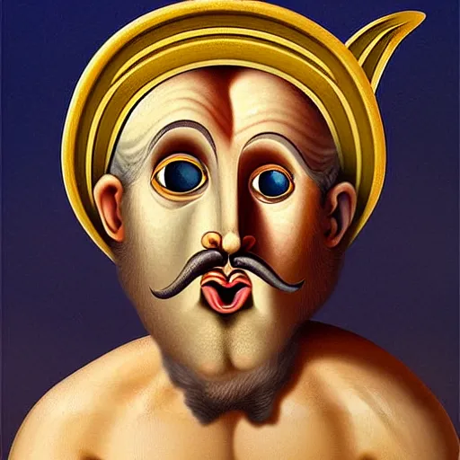 Image similar to portrait of ancient silly greek man with big eyes and sharp nose and open mouth. fine detail. artistic painting by lurid