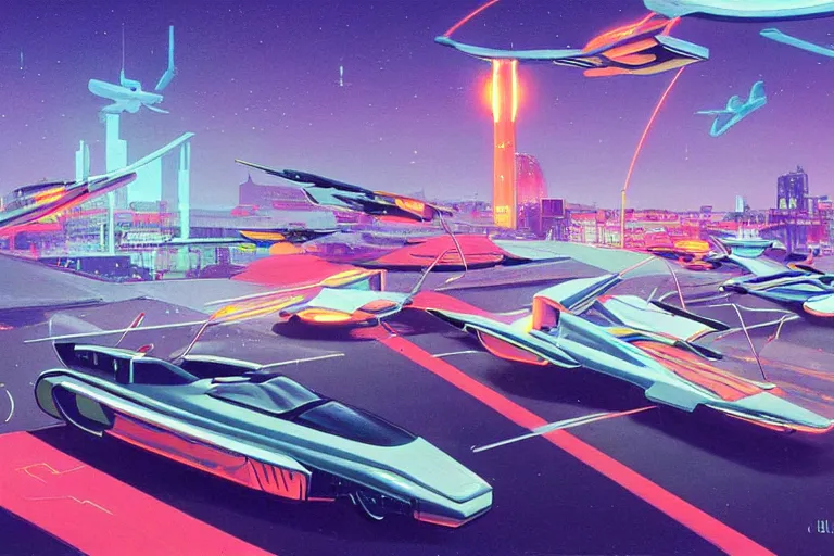 Image similar to retro futuristic metropolis, futuristic flying cars, neon lit, made by vincent di fate