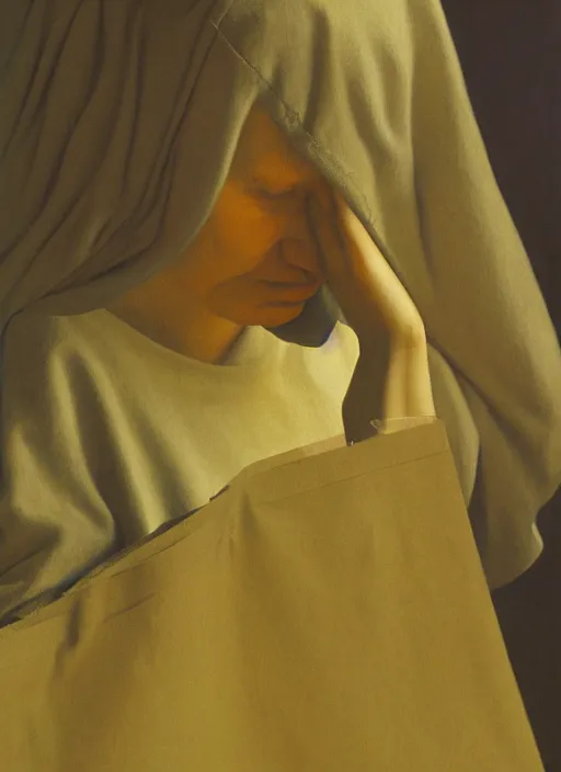 Prompt: woman praying with a paper bag over the head and a sward Edward Hopper and James Gilleard, Zdzislaw Beksinski, Steven Outram highly detailed