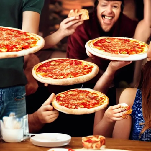 Prompt: people enjoying a pizza in the year 2450, 8k ultra hd, hyper detailed