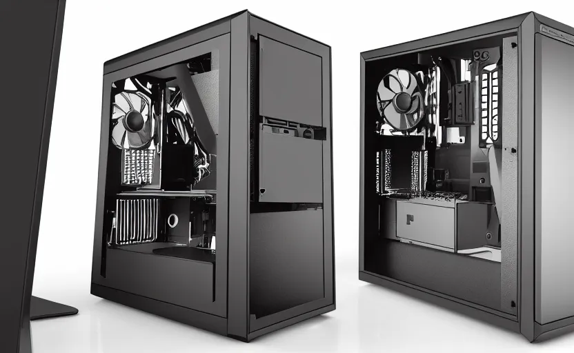 Prompt: product photo metal computer case exposed concept pc boutique build open sides extra wide super long