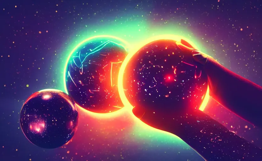 Prompt: pro - vida, cosmic integration, closeup of a hand holding spheres of power, cosmic color scheme, macro up view, neon, glow, darkness, dramatic, sharp focus, octane render, imax
